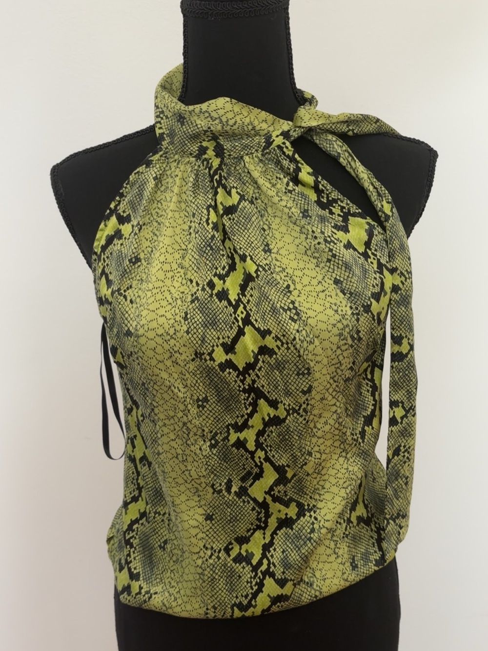 bebe Chartreuse Green and Black Snake-Print Halter Top